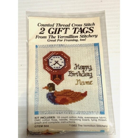 NEW Vermillion Stitchery 2 Gift Tags Cross Stitch Kit Birthday Duck GTEM504 - Picture 1 of 2